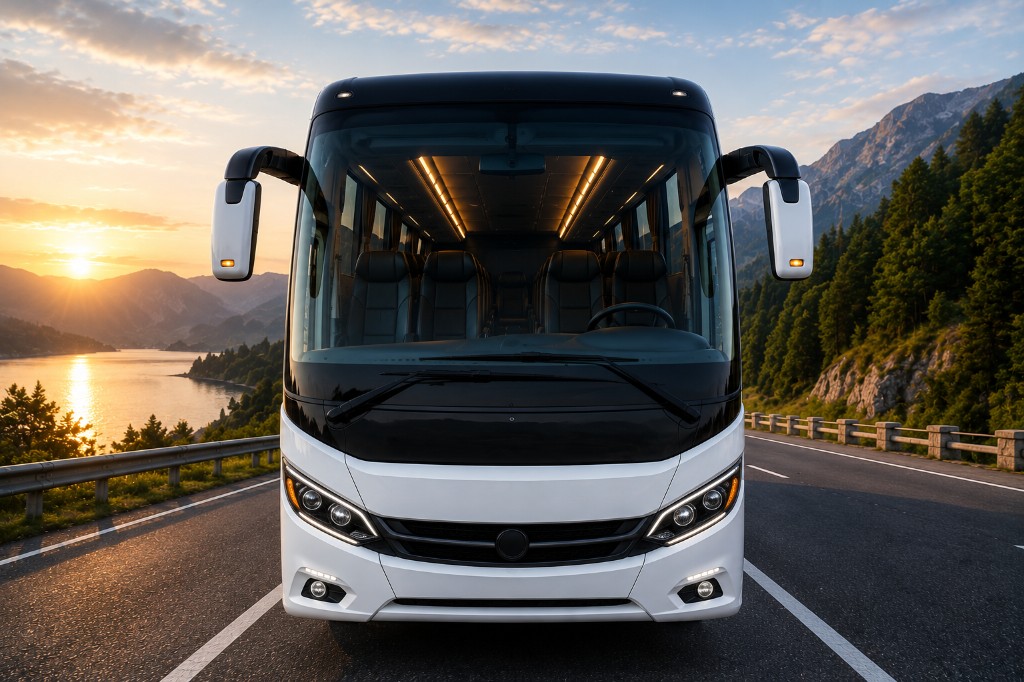 Front view of white luxury coach on mountain road at sunset