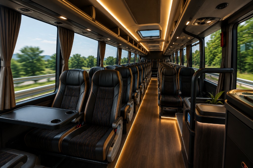Premium coach cabin with warm LED lighting and leather seats