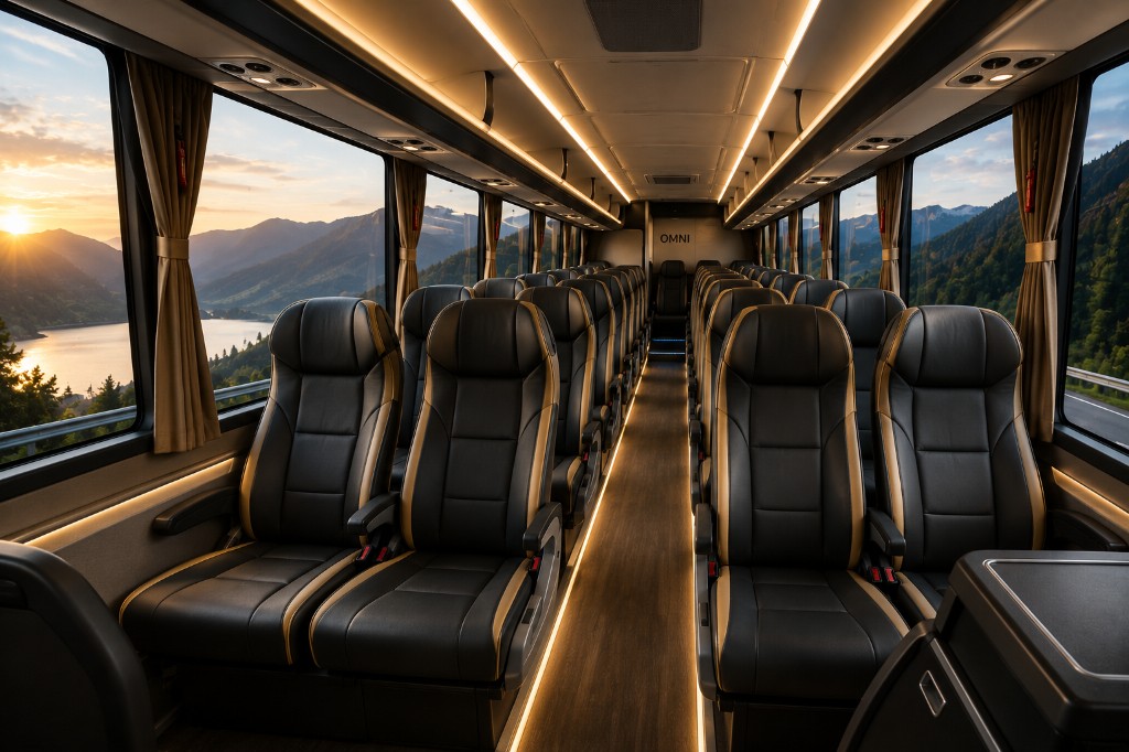 Luxury coach interior with black leather seats and scenic window views