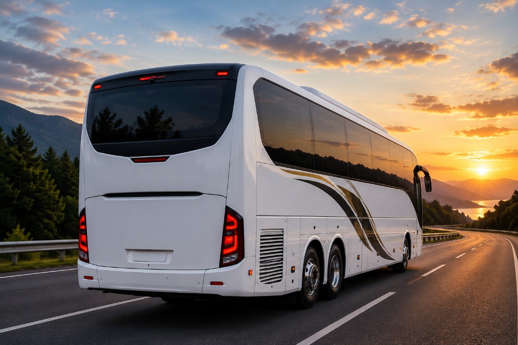 White luxury coach bus on scenic highway at sunset