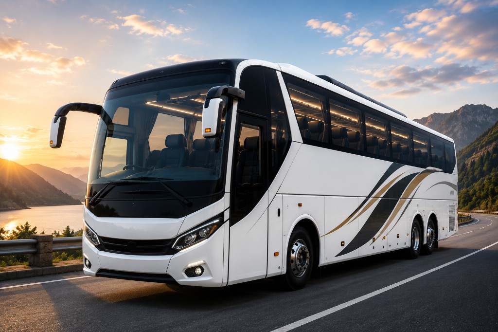 Luxury coach bus on lakeside mountain road at golden hour