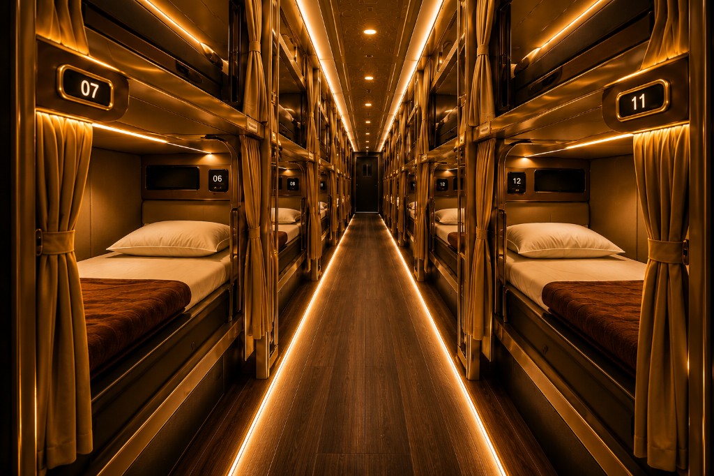 Luxury sleeper bus aisle with two-tier sleeping pods